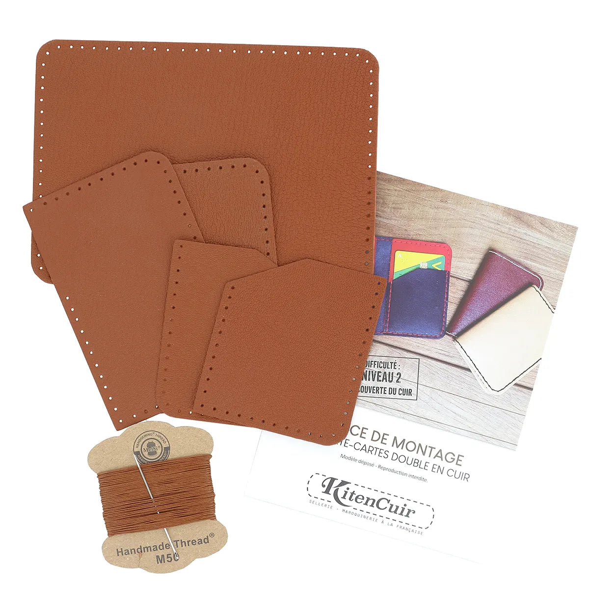 Kit DIY complet pour assemblez son propre porte-cartes en cuir marron, matériel et notice fournis.