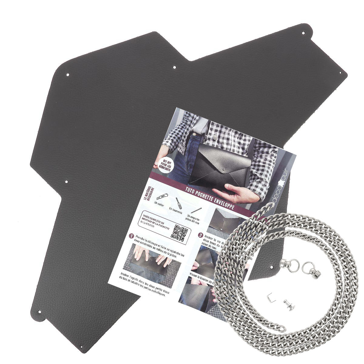 Pochette ENVELOPPE en cuir MARRON FONCÉ + chaine nikelée