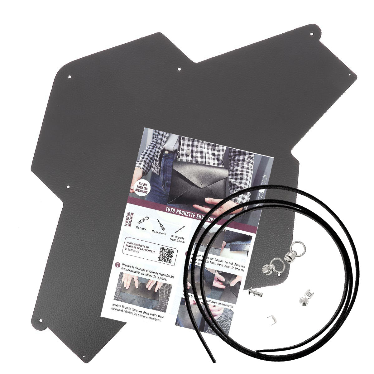 Pochette ENVELOPPE en cuir MARRON FONCÉ + lanière en cuir