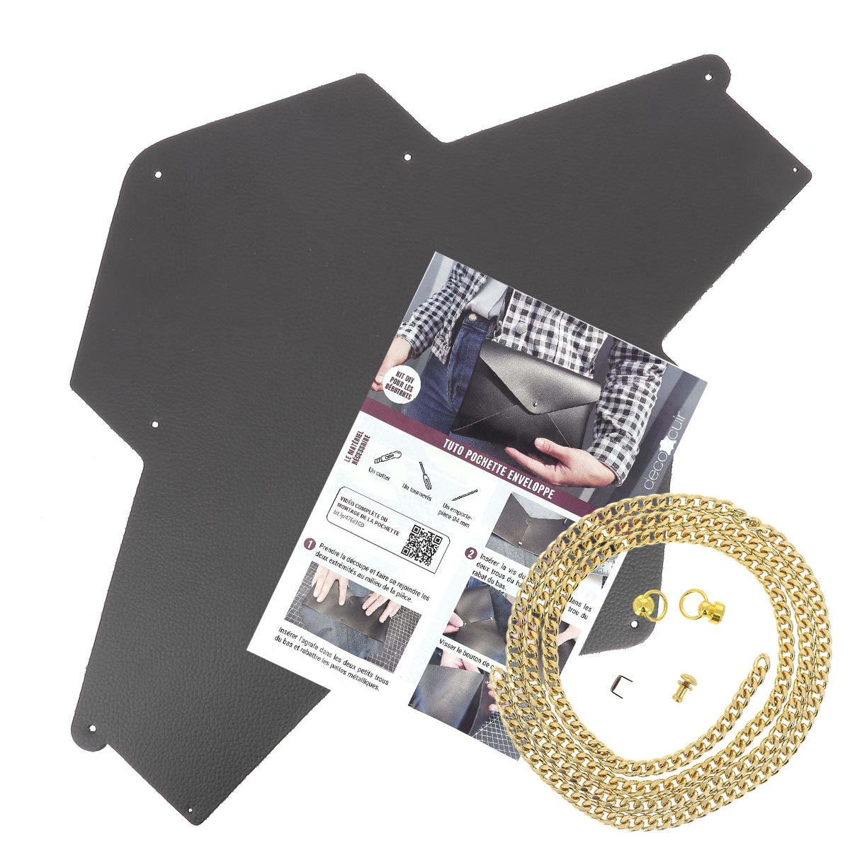 Pochette ENVELOPPE en cuir MARRON FONCÉ + chaine dorée