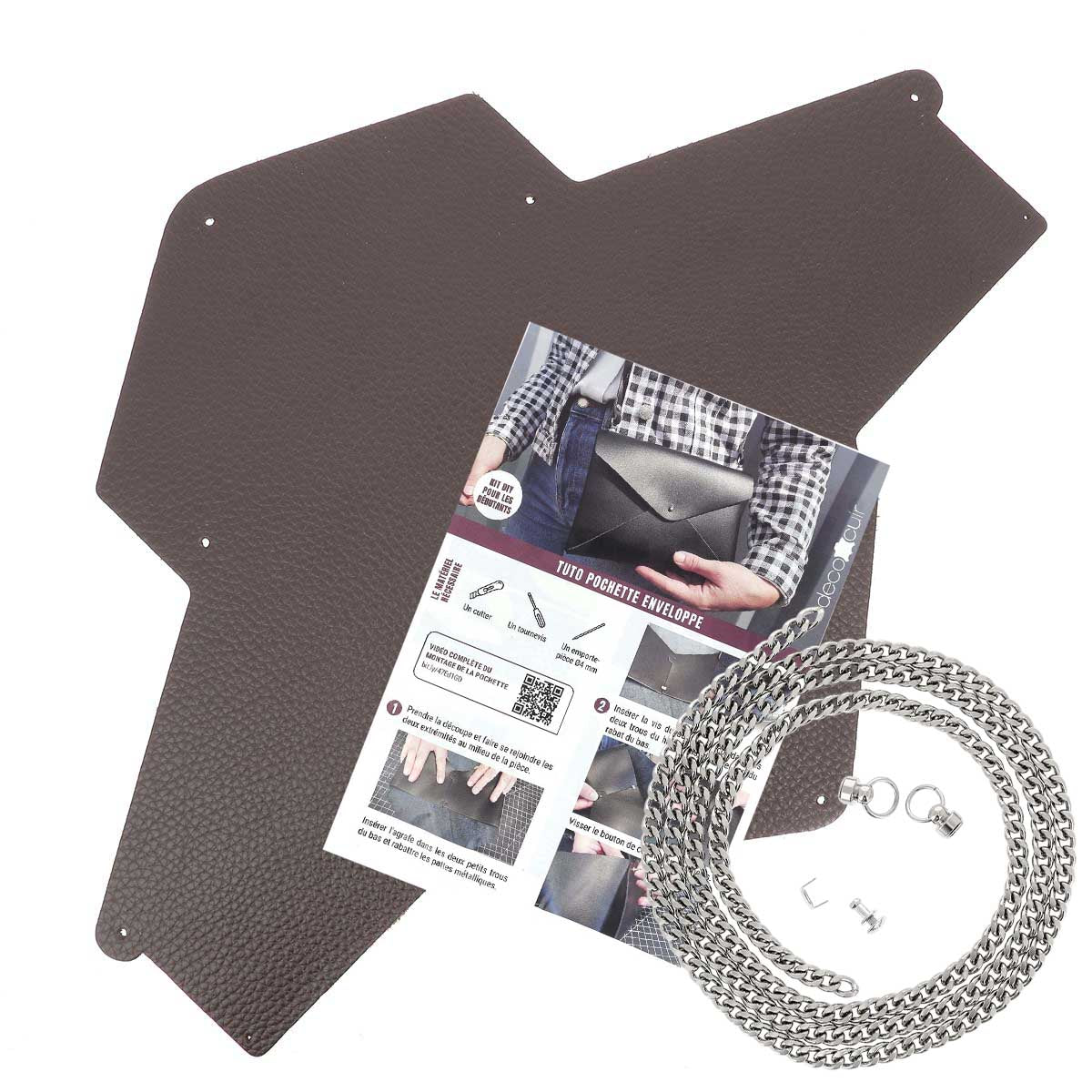 Pochette ENVELOPPE en cuir CHOCOLAT + chaine nickelé