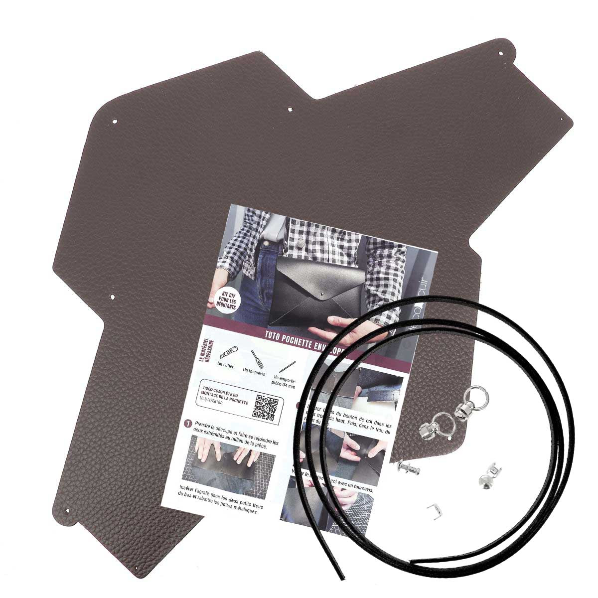 Pochette ENVELOPPE en cuir CHOCOLAT + lanière en cuir