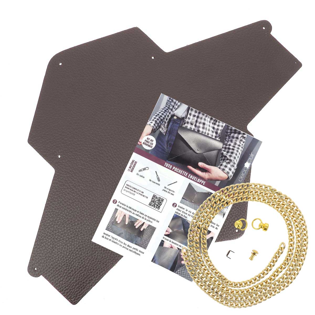 Pochette ENVELOPPE en cuir CHOCOLAT + chaine doré