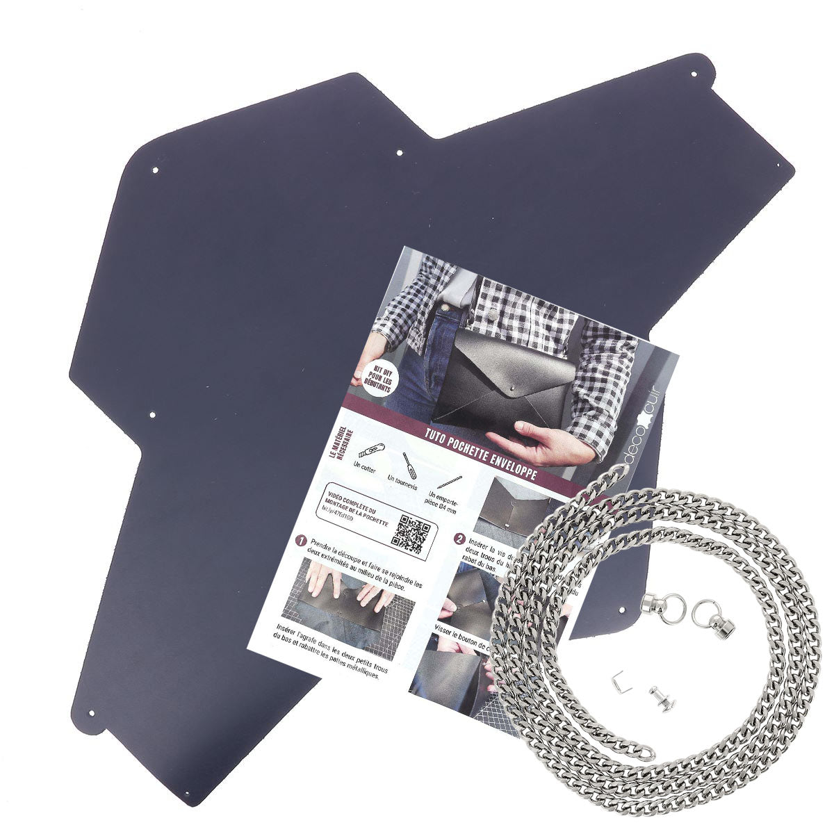 Pochette ENVELOPPE en cuir BLEU MARINE + chaine nicelée