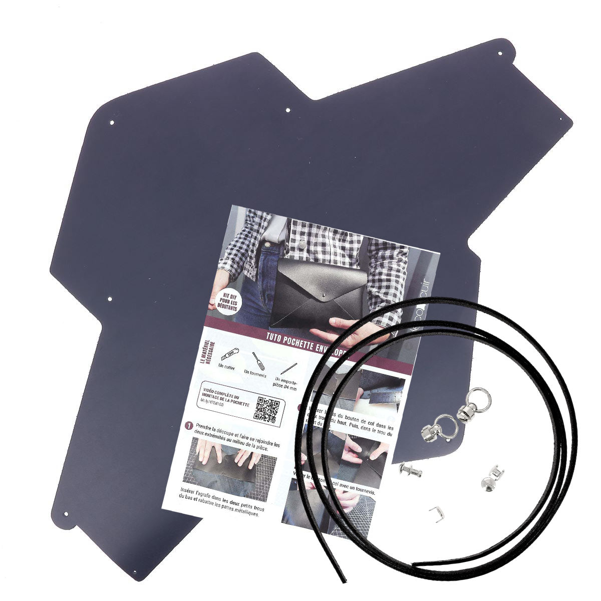 Pochette ENVELOPPE en cuir BLEU MARINE + lanière en cuir