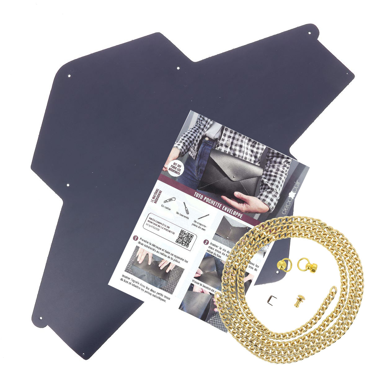 Pochette ENVELOPPE en cuir BLEU MARINE + chaine dorée