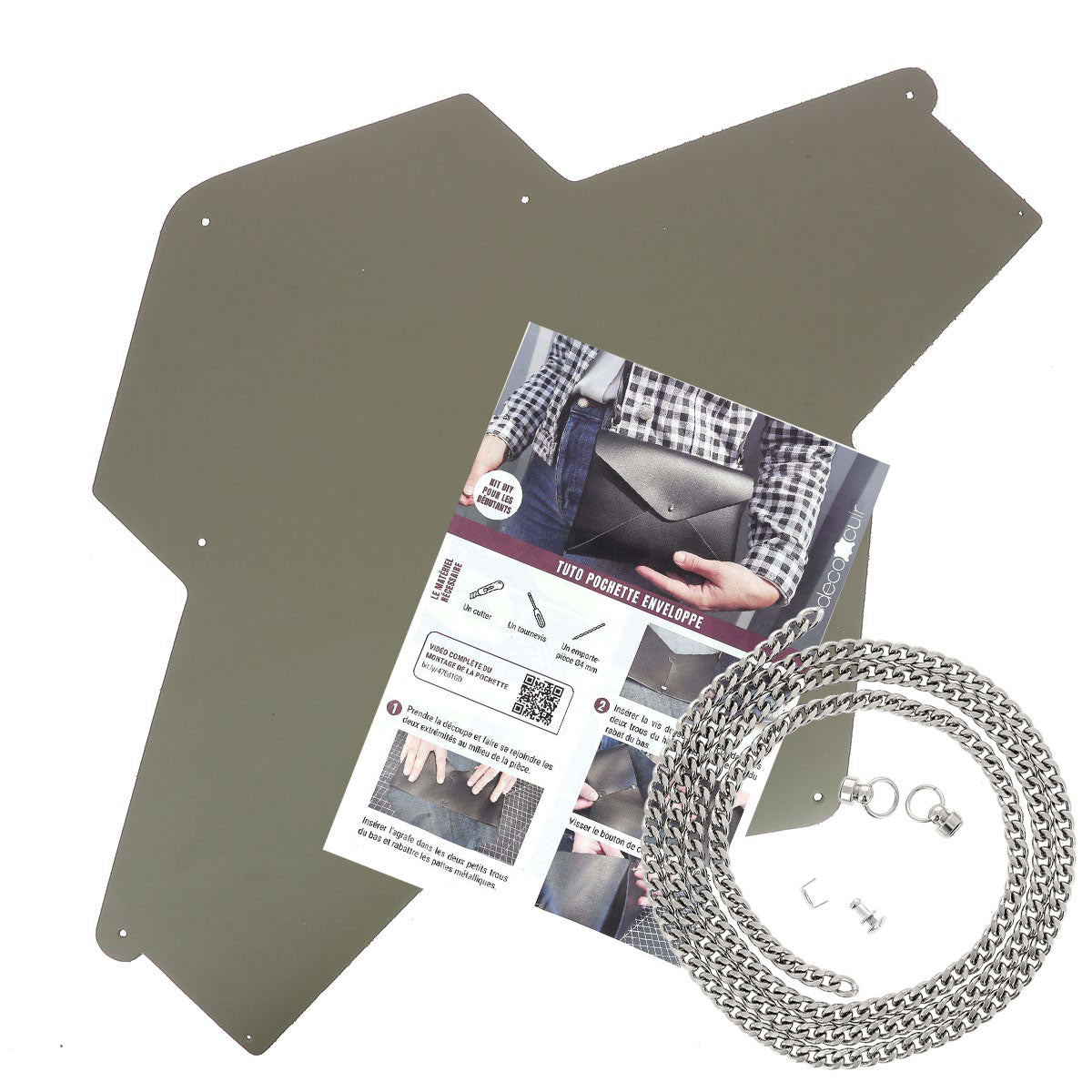 Pochette ENVELOPPE en cuir VERT KAKI + chaine nickelée