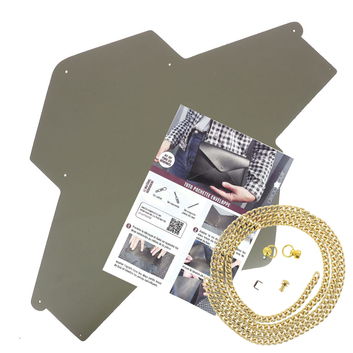 Pochette ENVELOPPE en cuir VERT KAKI + chaine dorée