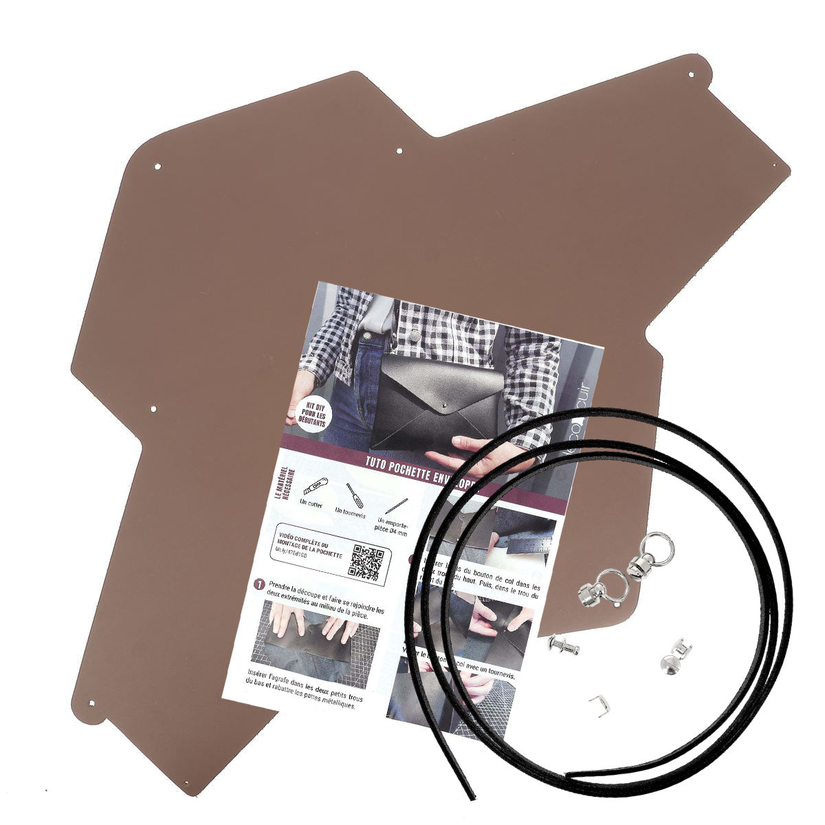 Pochette ENVELOPPE en cuir MARRON + lanière en cuir