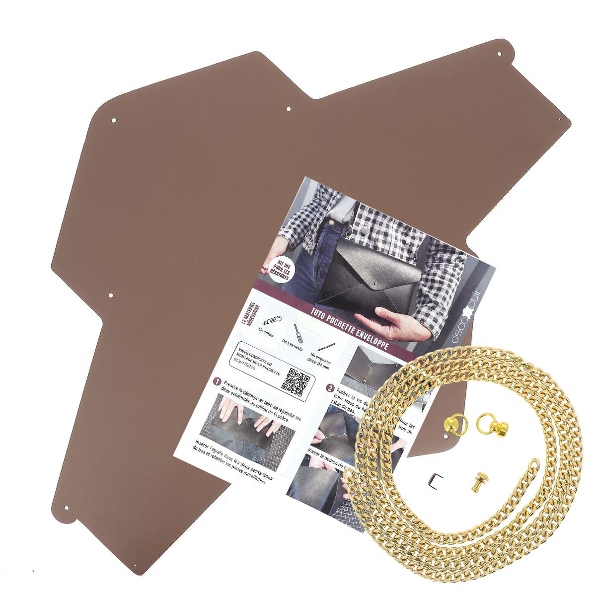 Pochette ENVELOPPE en cuir MARRON + chaine doré