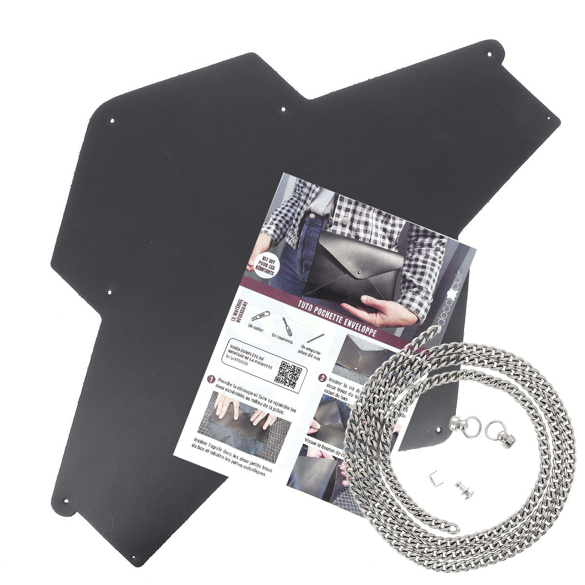 Pochette ENVELOPPE en cuir NOIR + chaine nickelée