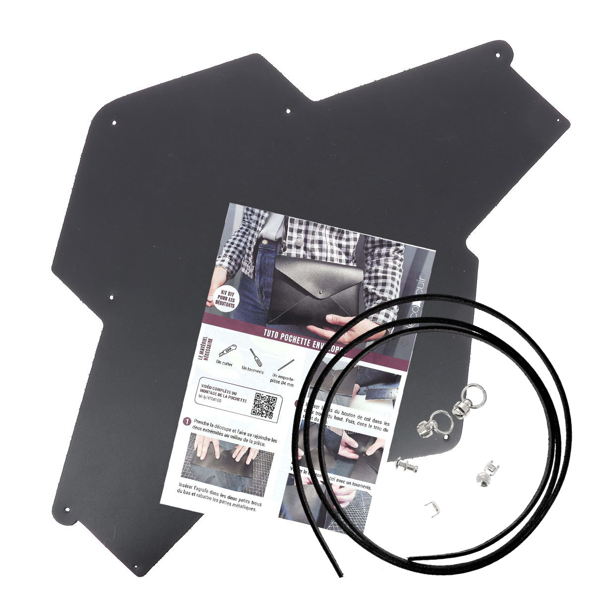Pochette ENVELOPPE en cuir NOIR + lanière en cuir