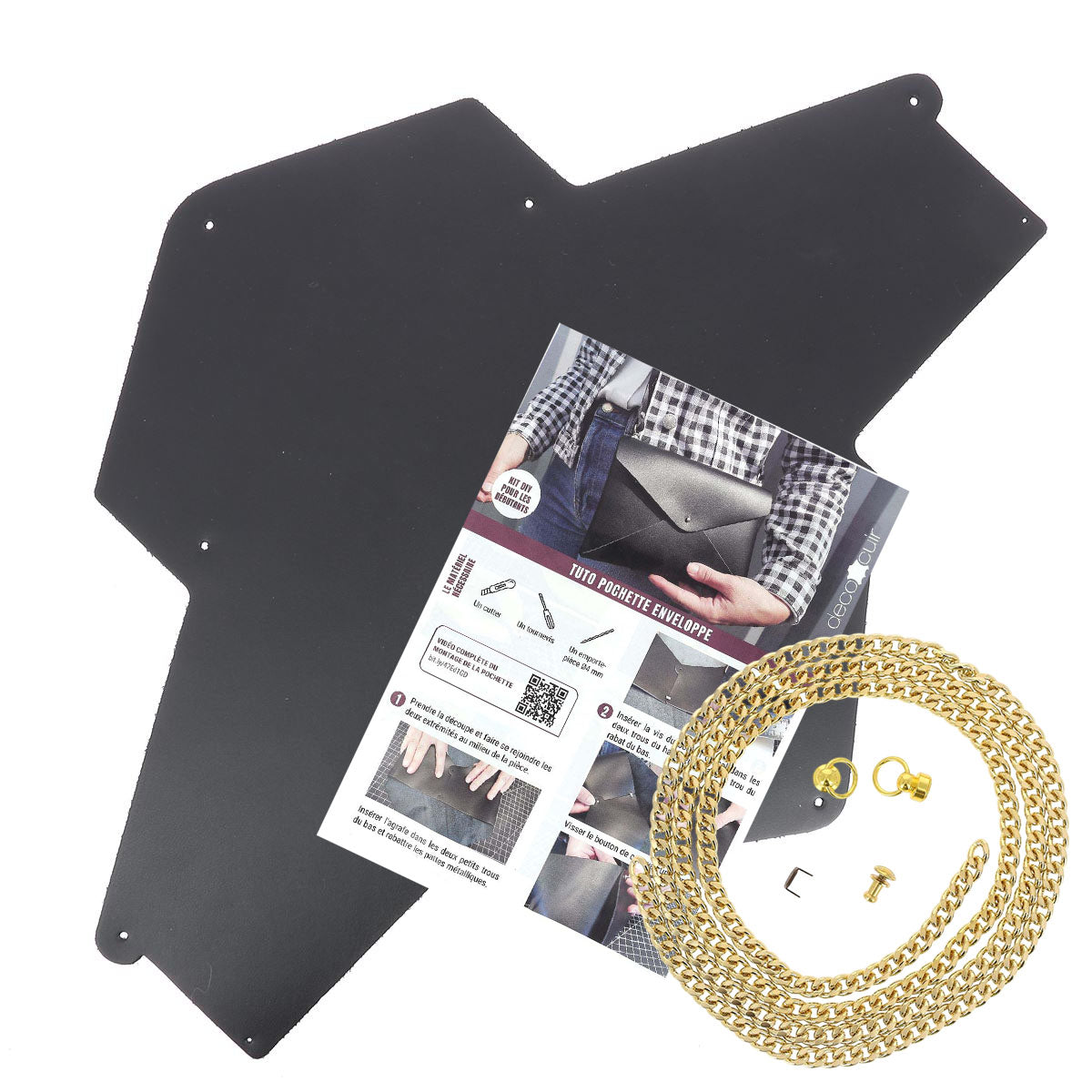 Pochette ENVELOPPE en cuir NOIR + chaine dorée
