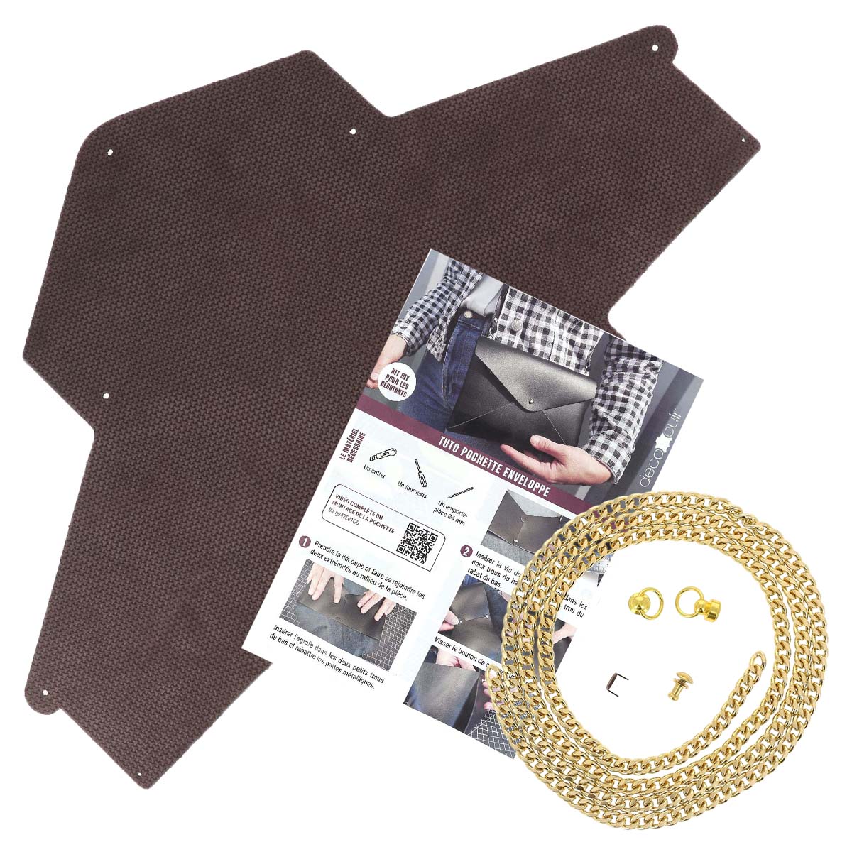 Kit DIY - Pochette ENVELOPPE en croûte de cuir structuré MARRON ACAJOU à personnaliser
