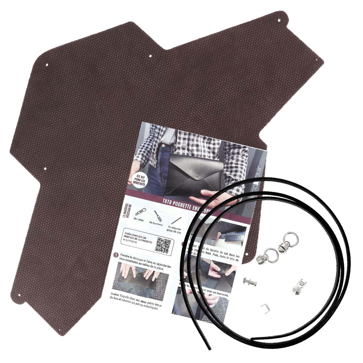 Kit DIY - Pochette ENVELOPPE en croûte de cuir structuré MARRON ACAJOU à personnaliser