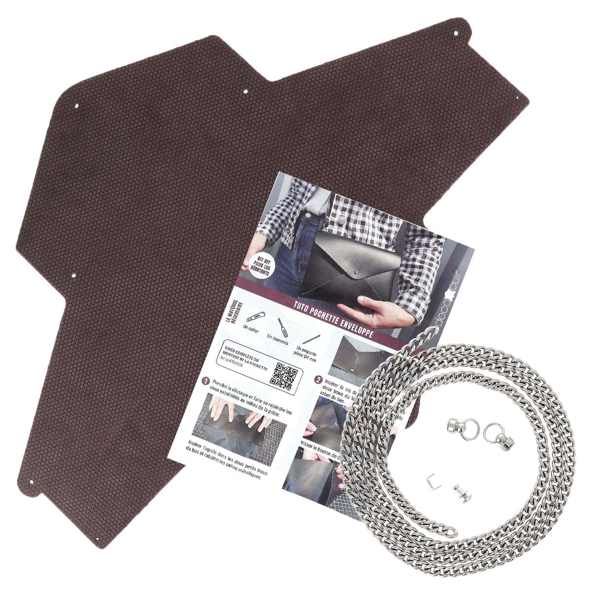 Kit DIY - Pochette ENVELOPPE en croûte de cuir structuré MARRON ACAJOU à personnaliser