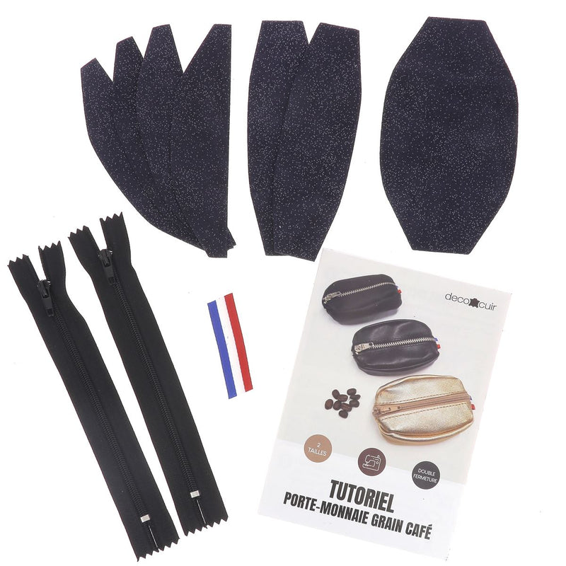 Kit DIY Porte monnaie Grain de café en cuir BLEU MARINE PAILLETTÉ à coudre