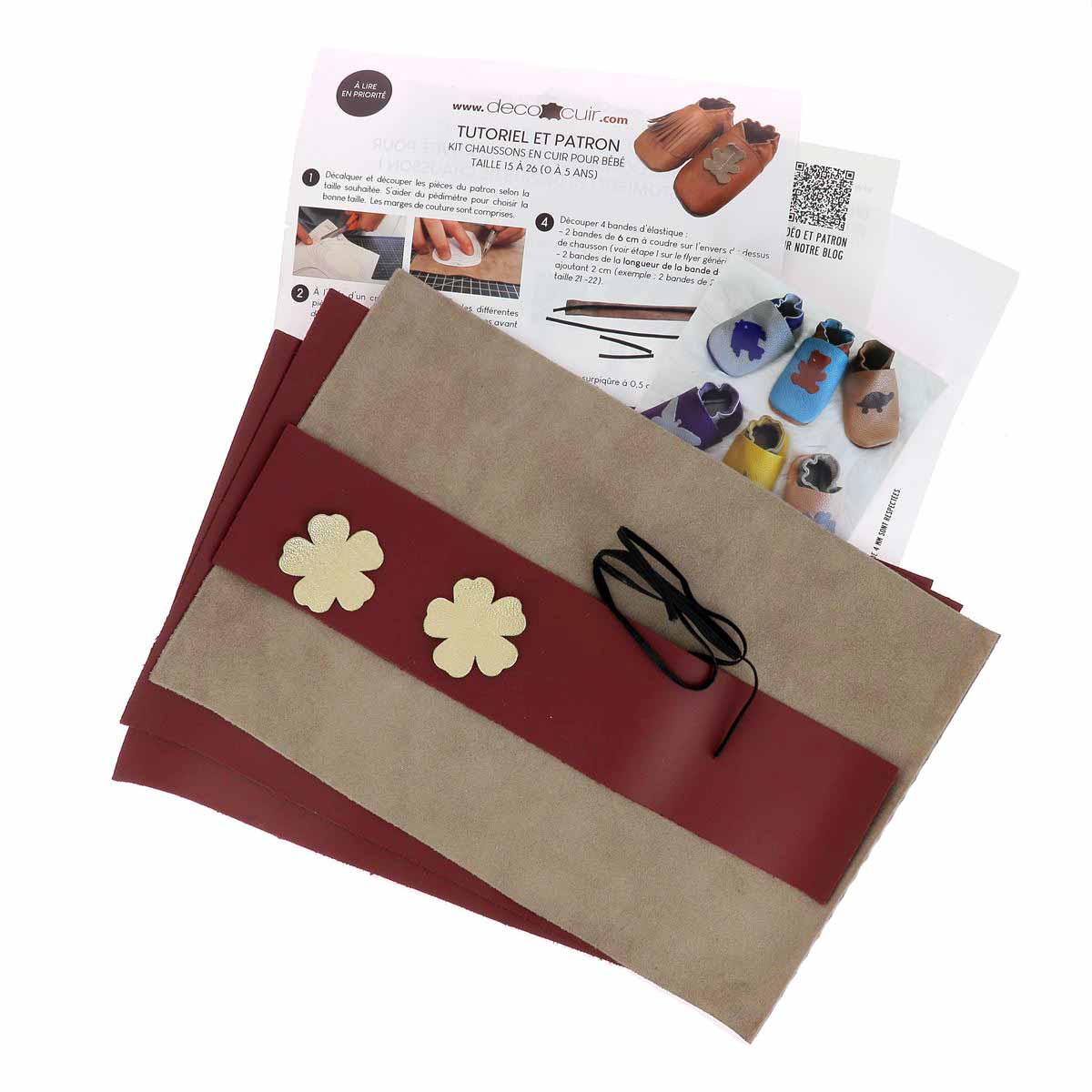 Kit DIY Chaussons en cuir pour bébé avec Fleur - BORDEAUX