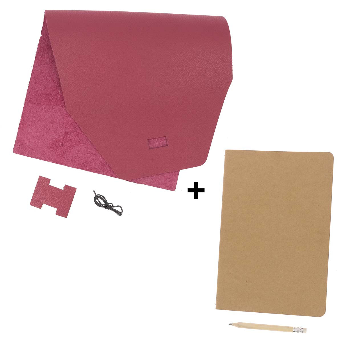Kit DIY Protège carnet en cuir rose laurier + carnet A5 + crayon à papier