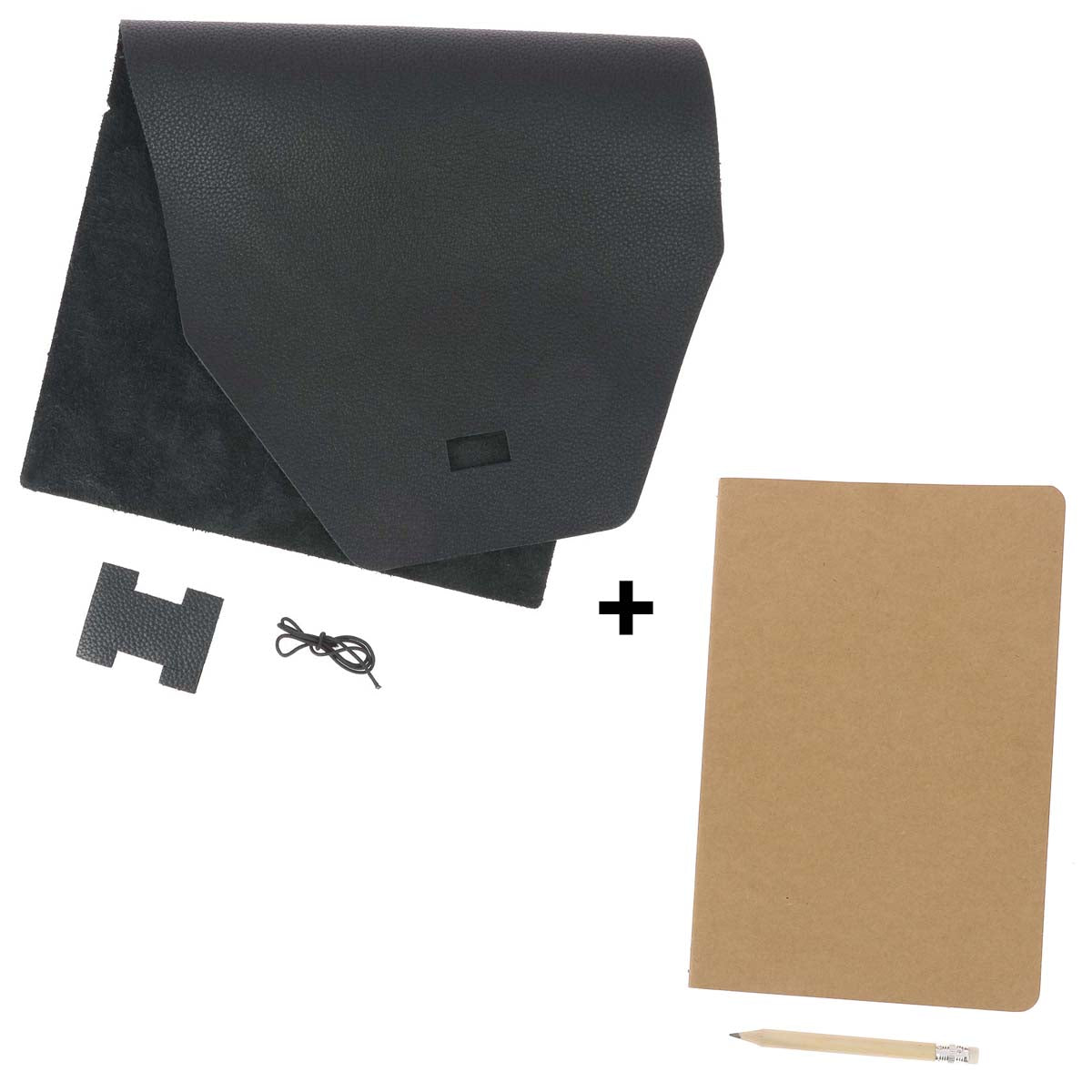 Kit DIY Protège carnet en cuir noir + carnet A5 + crayon à papier