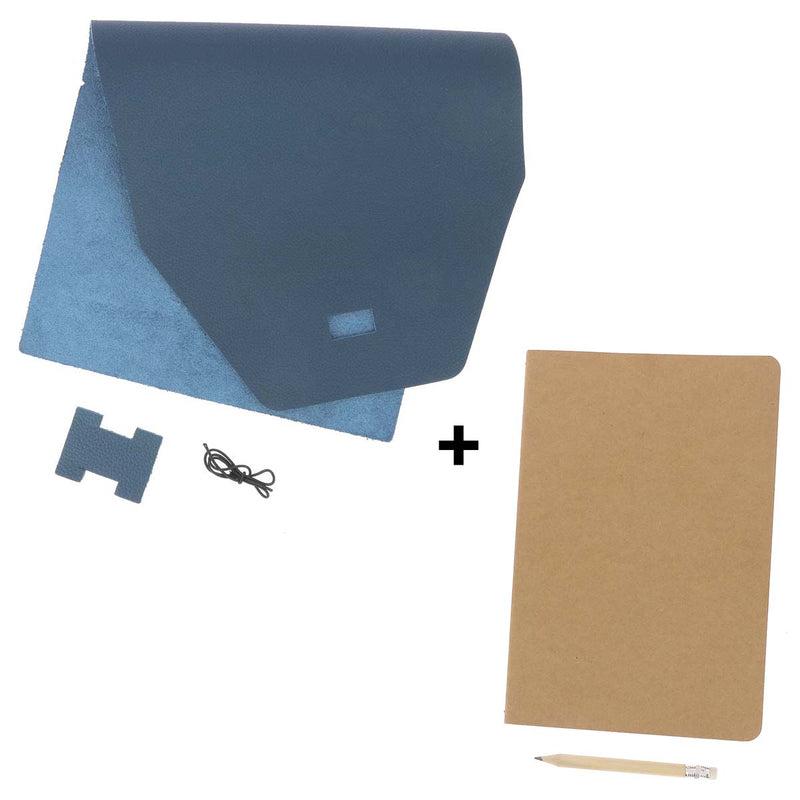 Kit DIY Protège carnet en cuir bleu + carnet A5 + crayon à papier