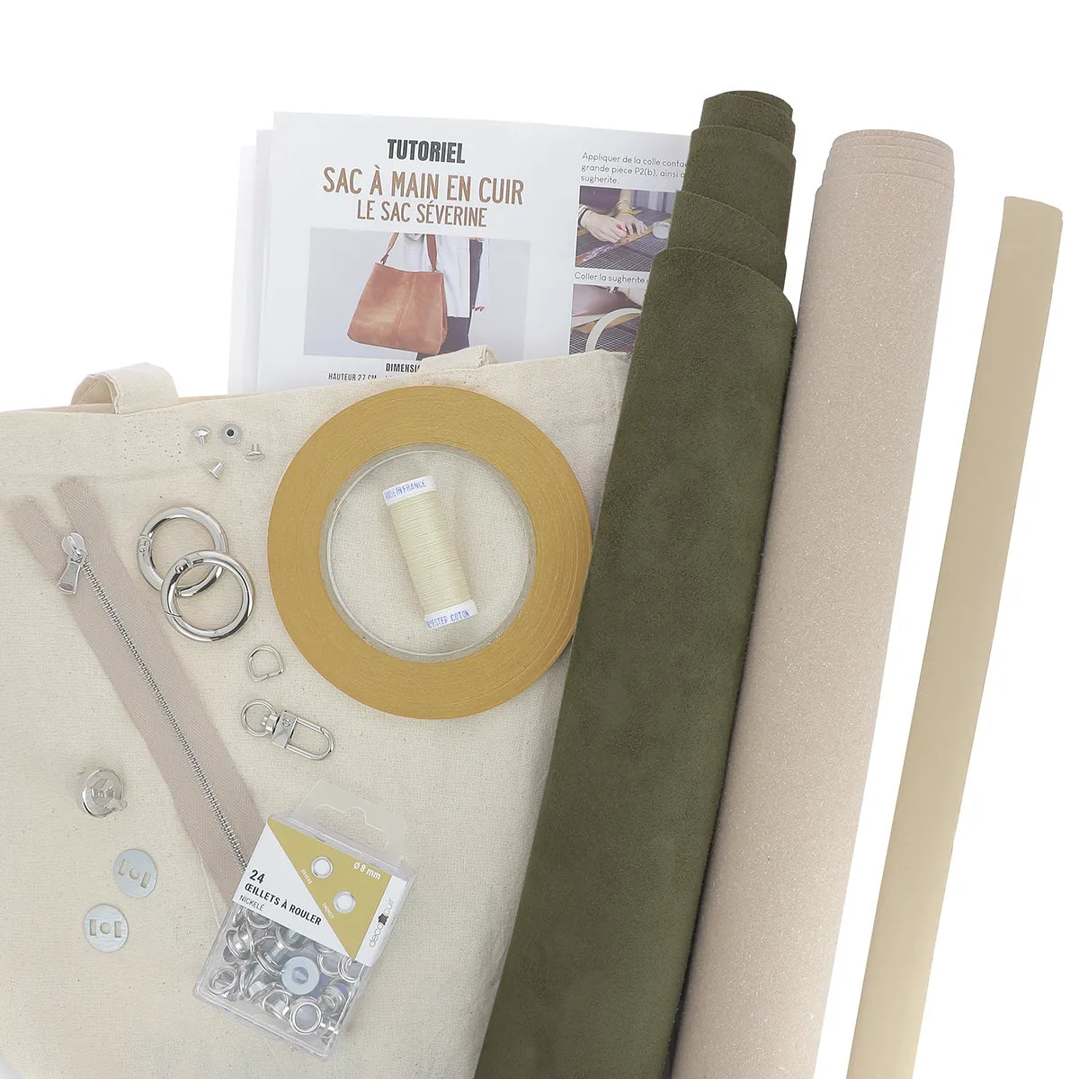 Kit DIY complet pour confection du sac à main Séverine. Fabrication sac porté épaule en croûte de cuir velours vert kaki.