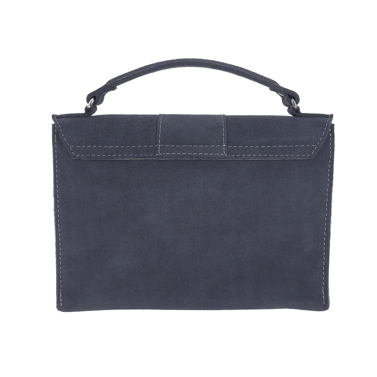 Dos du sac bandoulière Roma fabriqué à partir d'une croûte de cuir velours couleur bleu jean foncé. 
