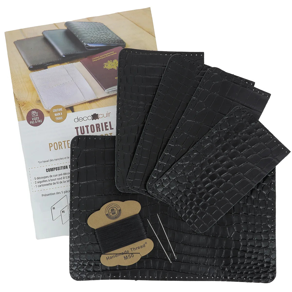 Étui passeport en cuir noir imitation croco - Kit complet DIY pour débutant