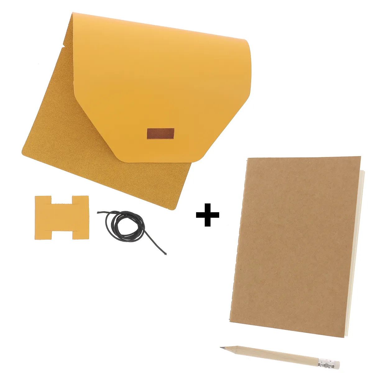 Kit DIY Protège carnet en cuir jaune moutarde + carnet A6 + crayon à papier