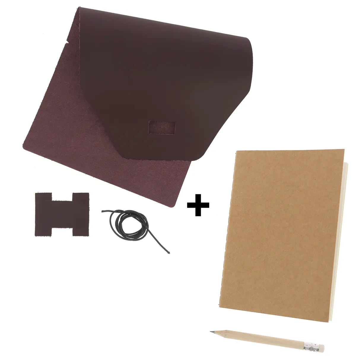 Kit DIY Protège carnet en cuir bordeaux + carnet A6 + crayon à papier