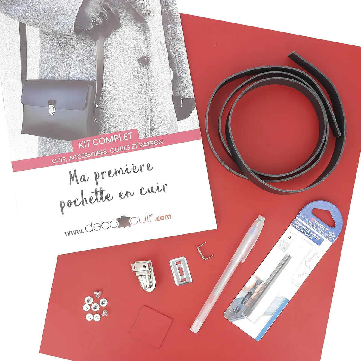 Kit DIY complet pour fabriquer soi-même sa pochette en cuir rouge 