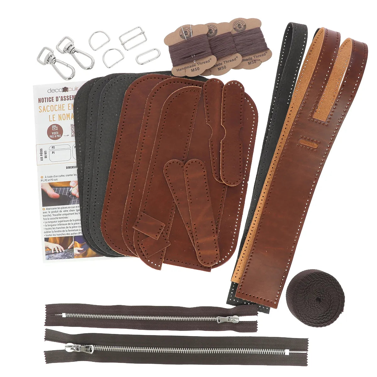 Kit complet pour coudre soi-même une sacoche en cuir Le Nomade, modèle Deco Cuir pour débutants