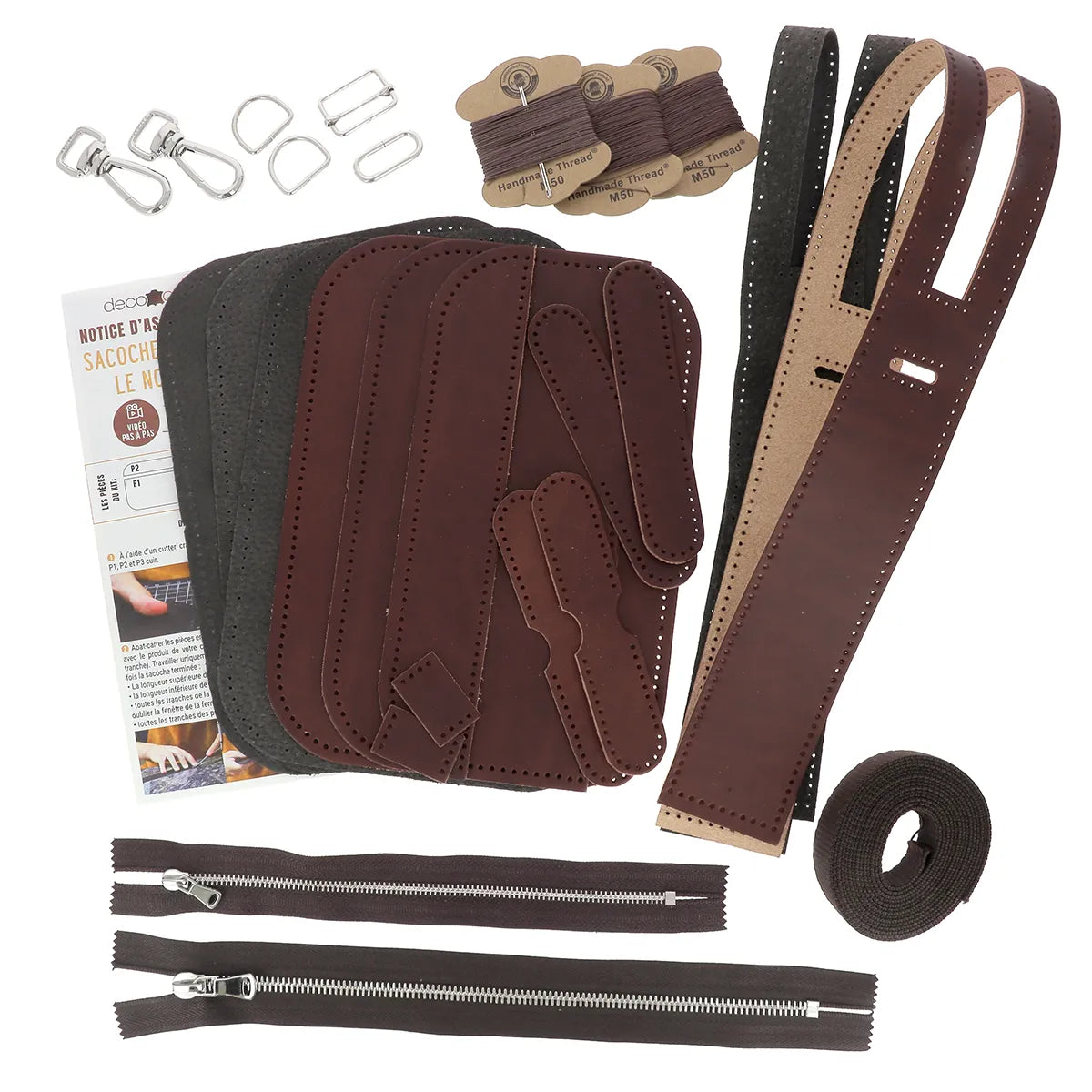 Kit complet pour coudre soi-même une sacoche en cuir tannage végétal châtaigne, idéal débutants