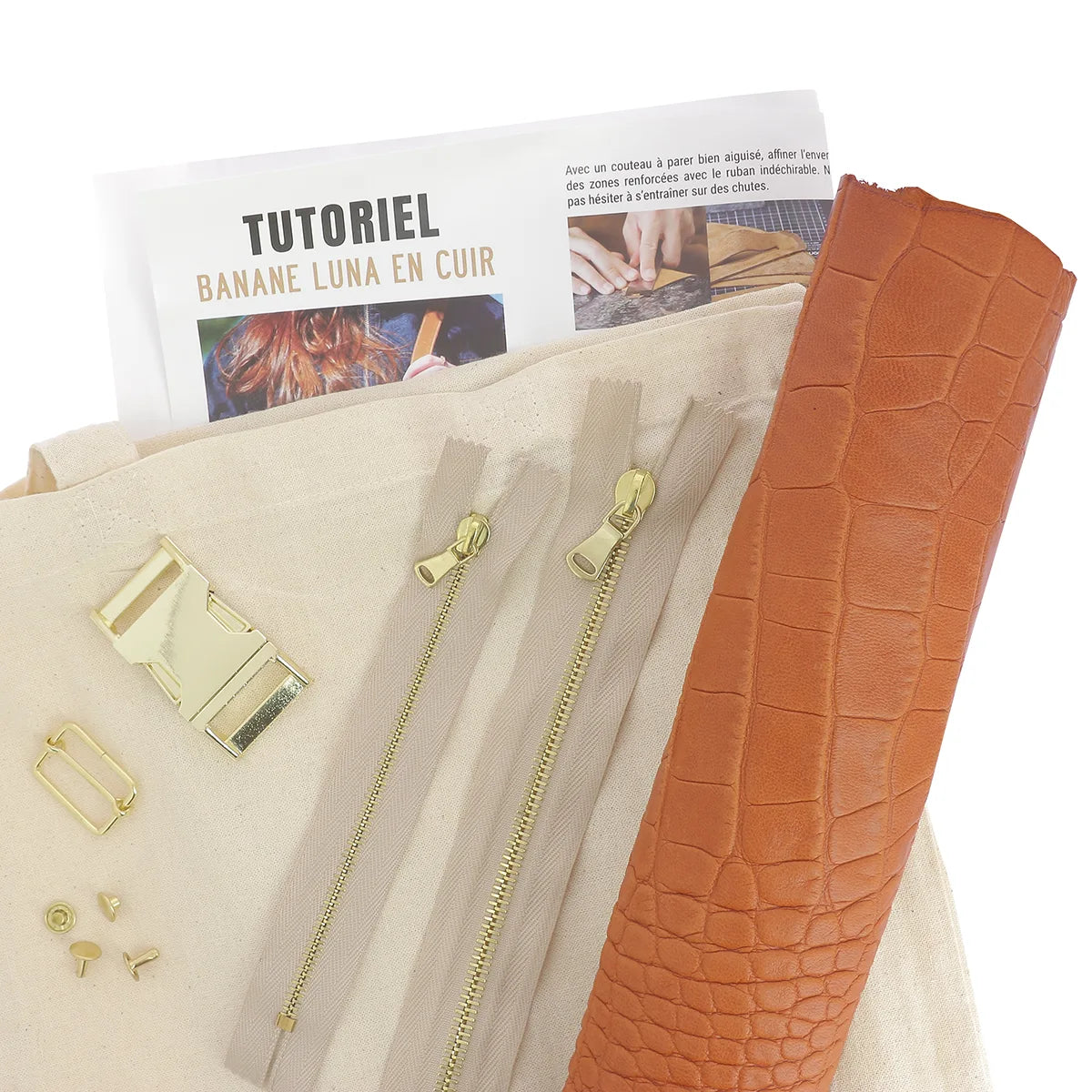 Kit DIY couture complet pour fabrication d'un sac banane en cuir de basane croco cognac