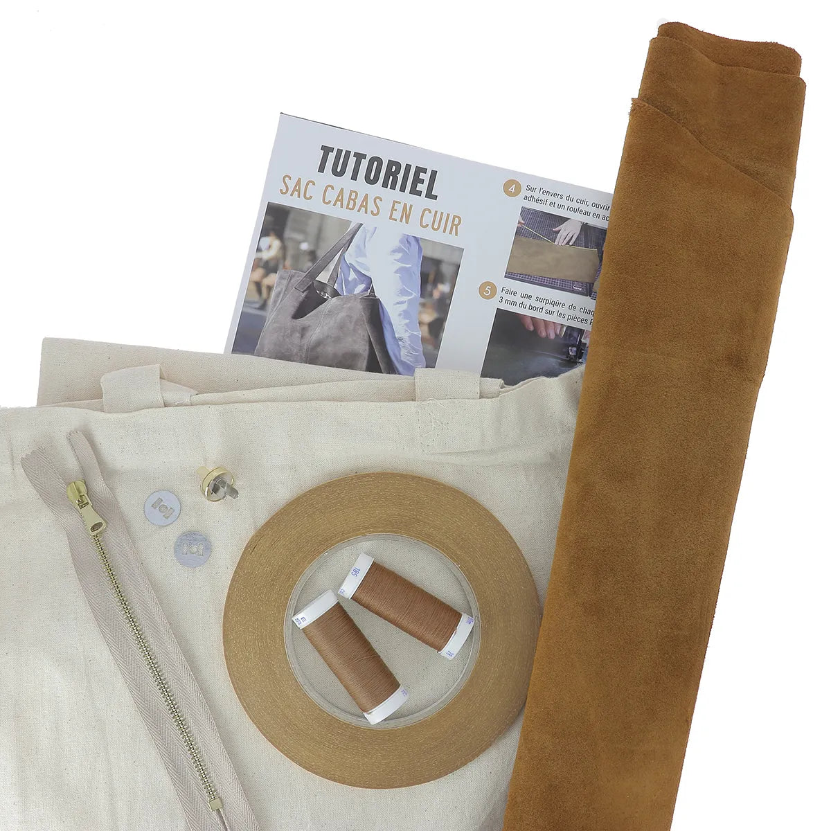 Kit DIY 100% fait maison sac cabas en cuir marron clair | Deco cuir
