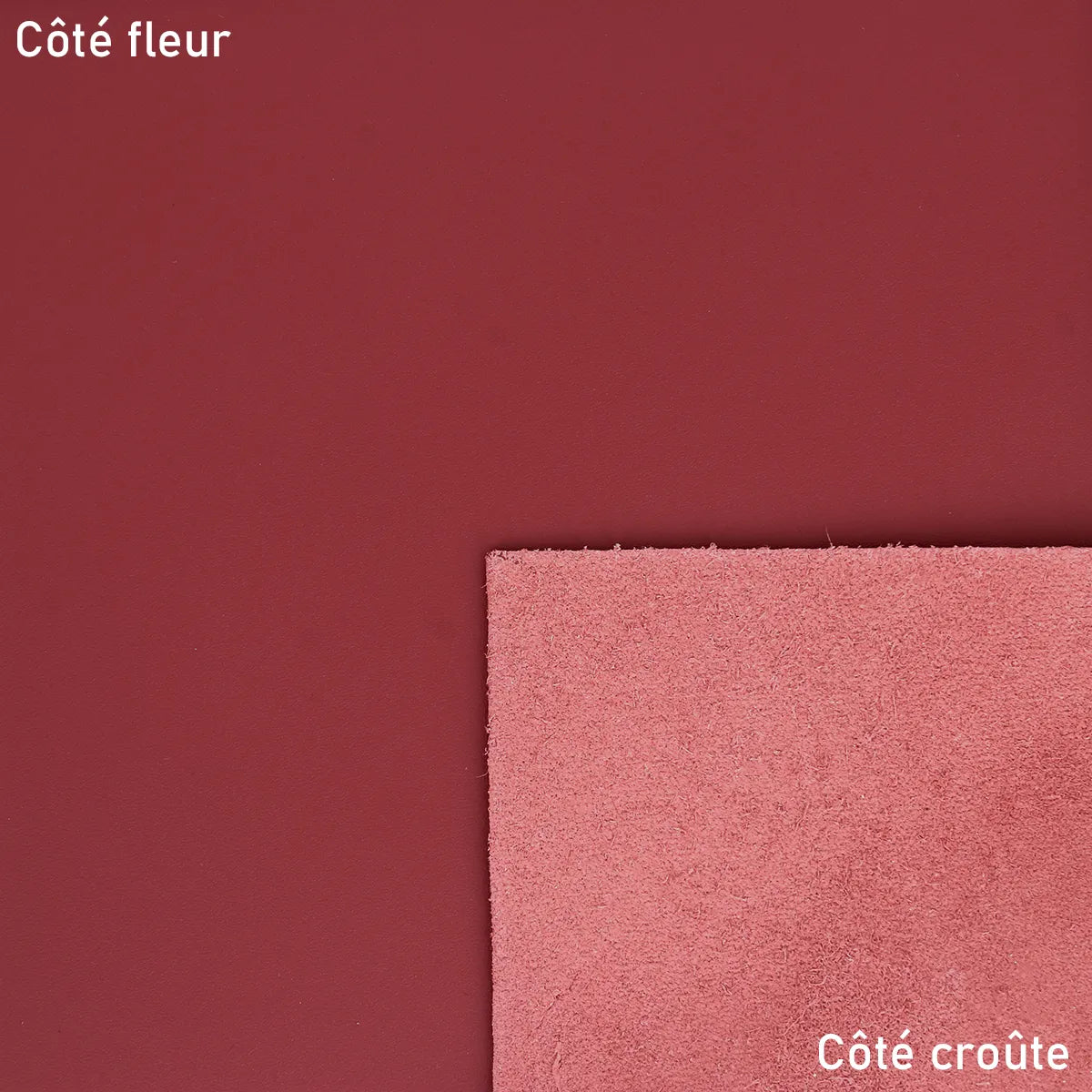 Peau de cuir de vachette lisse rouge Autres, texture douce et brillante, vue en gros plan.