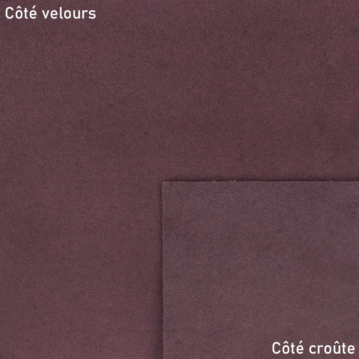 Peau de cuir de veau velours prune, texture douce et élégante, pour la fabrication de produits de maroquinerie ou couture.