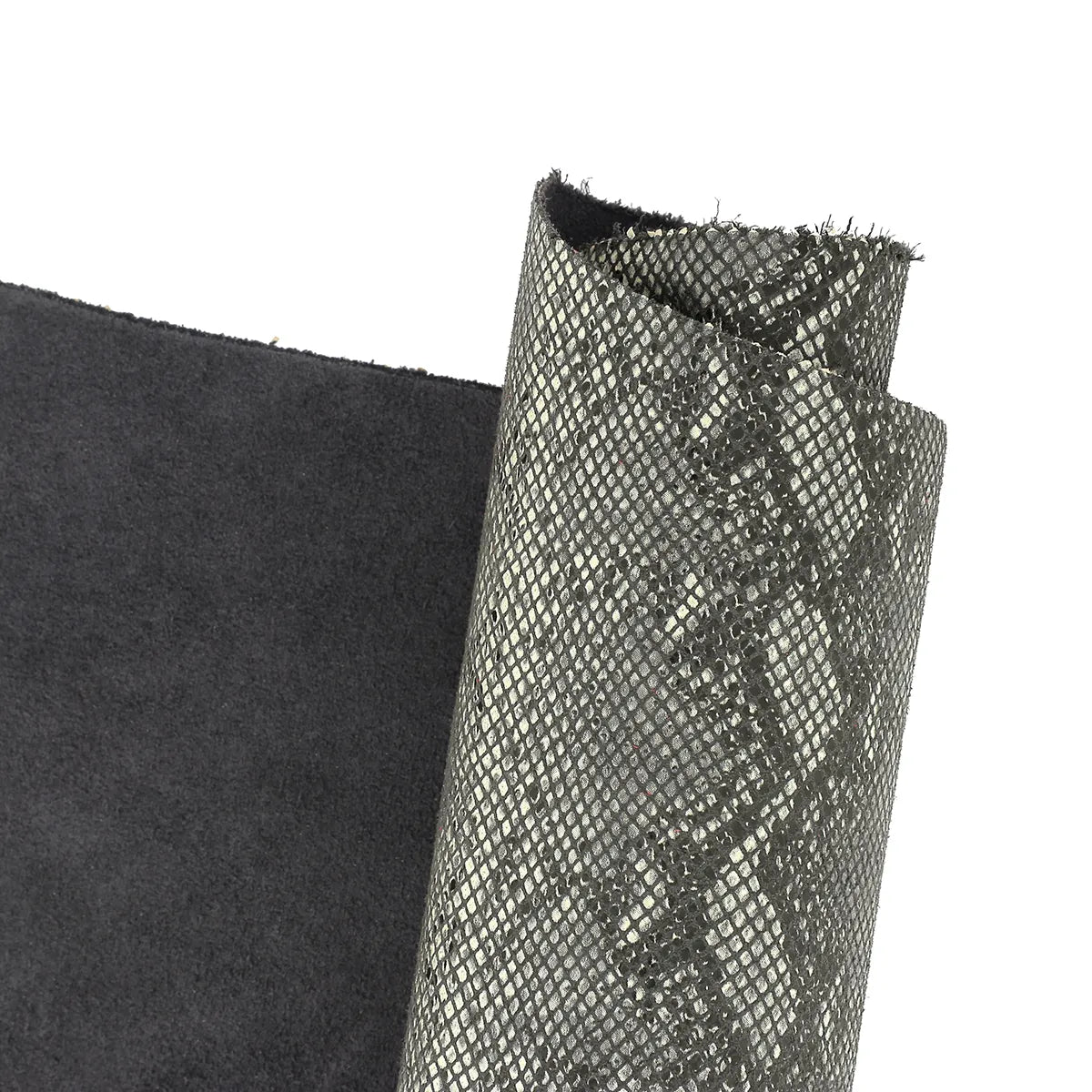 Peau de cuir de veau imitation serpent gris, peau de cuir fantaisie, texture élégante et sophistiquée.