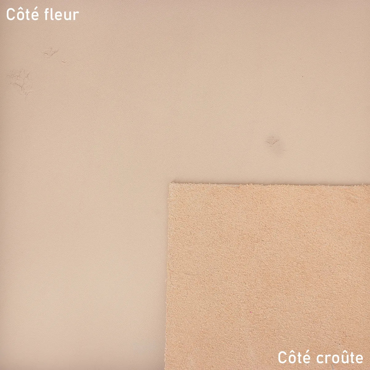 Cuir de vachette lisse beige nude, cuir de 2ème choix car il présente quelques défauts visibles sur la peau mais reste tout à fait exploitable pour la création de test, prototype, petit projet...