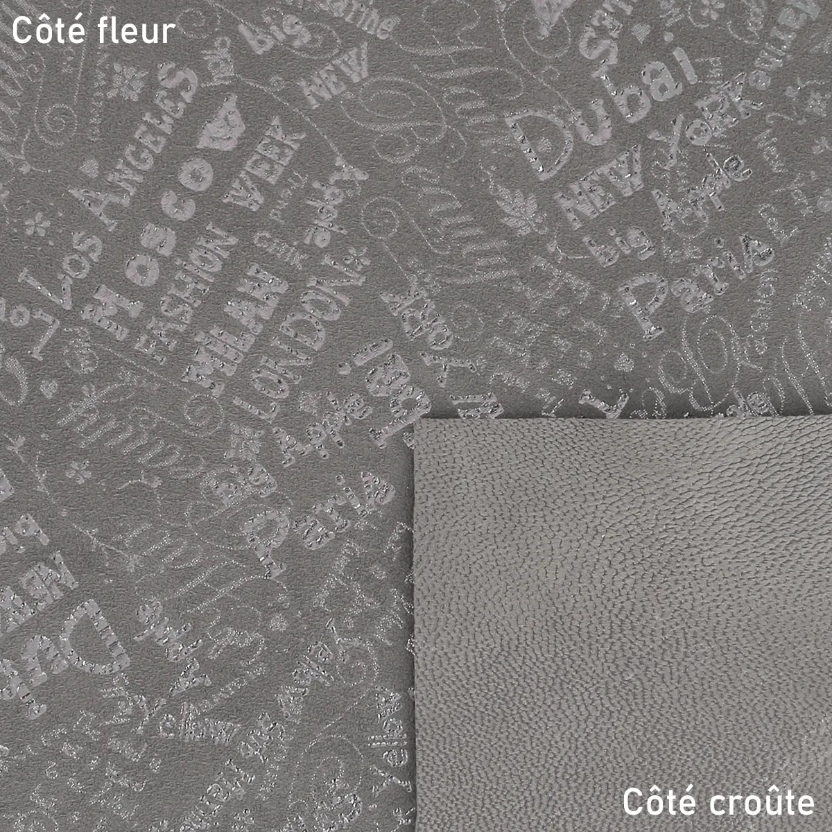 Peau de cuir gris taupe argenté motif voyage
