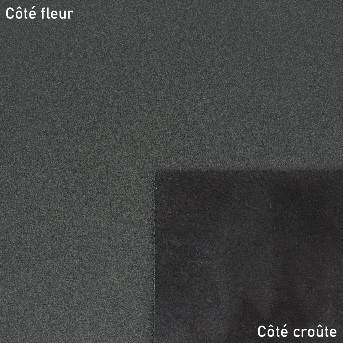 Cuir métallisé gris anthracite qui tire légèrement sur le vert, cuir souple et brillant idéal pour la fabrication de maroquinerie et doublure