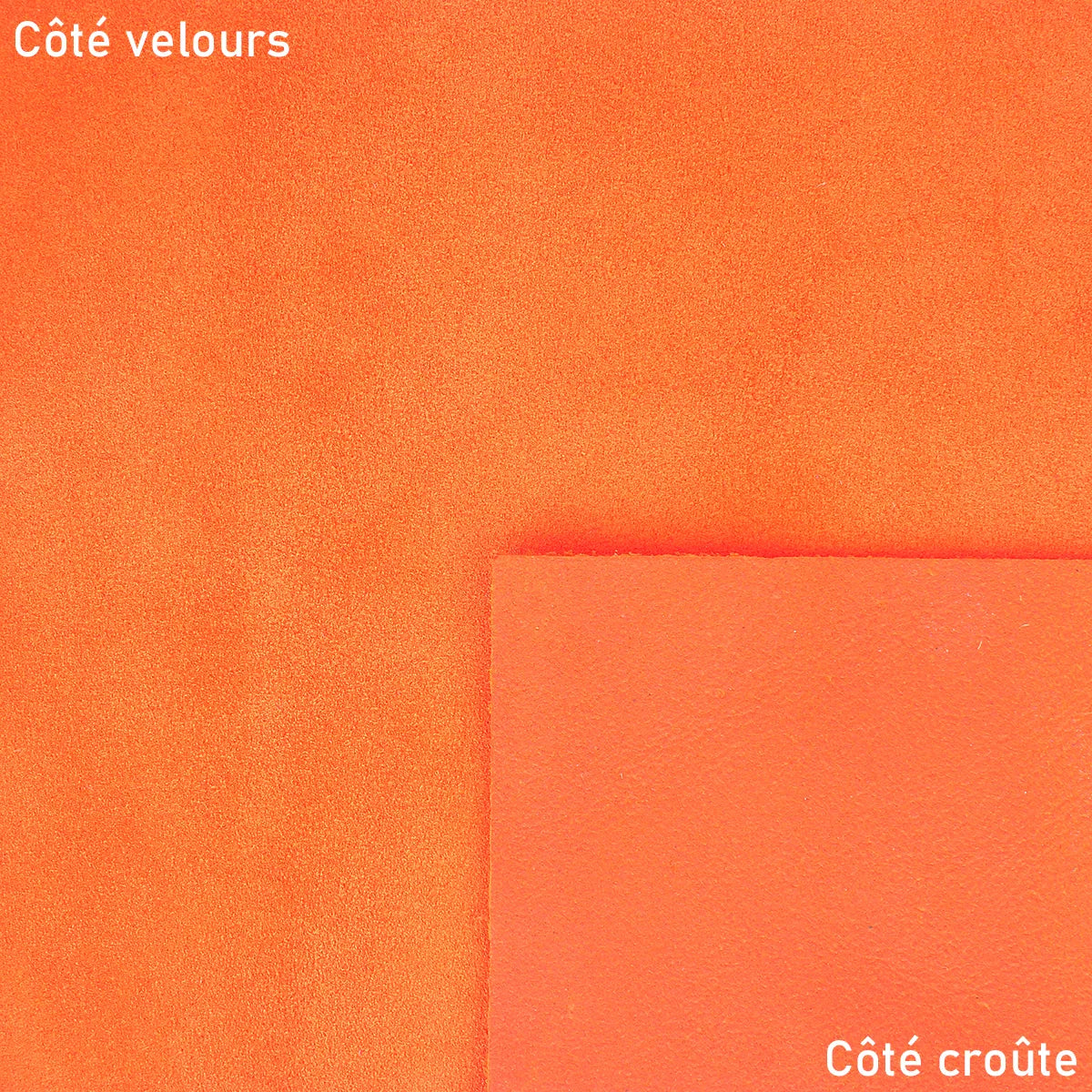 Croûte de cuir de veau velours orange au dos ciré. Cuir velours pour réaliser sac, pochette, bourse, chaussure...