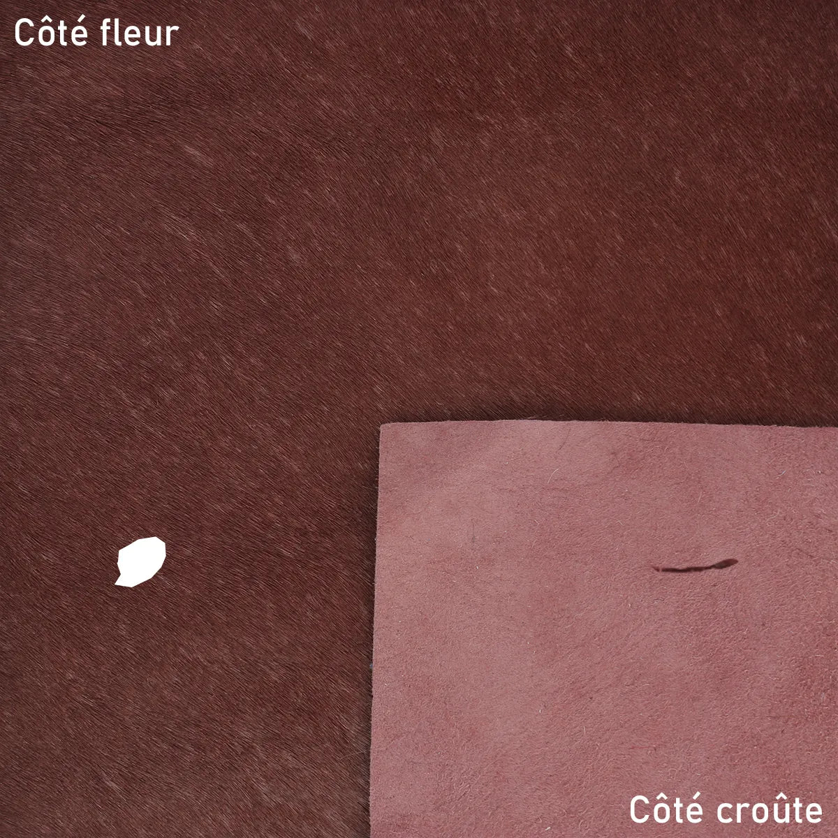Cuir de veau à poils bordeaux, cuir 2ème choix à prix réduit, idéal pour la fabrication de petits projets, tests, prototypes...