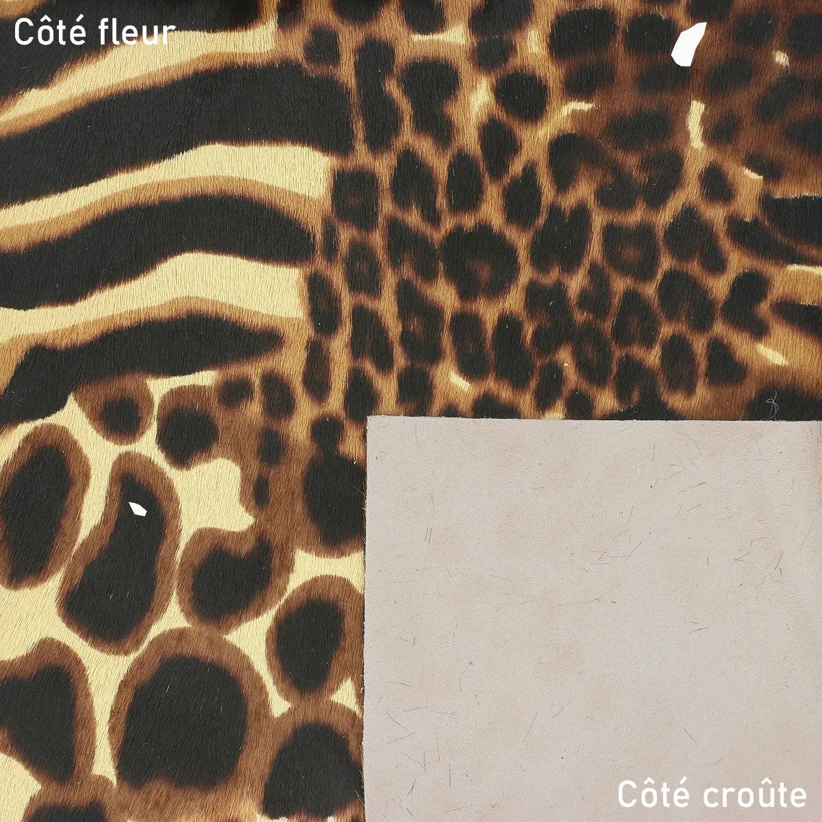 Cuir de veau à poils motif léopard, cuir 2ème choix à prix réduit, idéal pour la fabrication de petits projets, tests, prototypes...