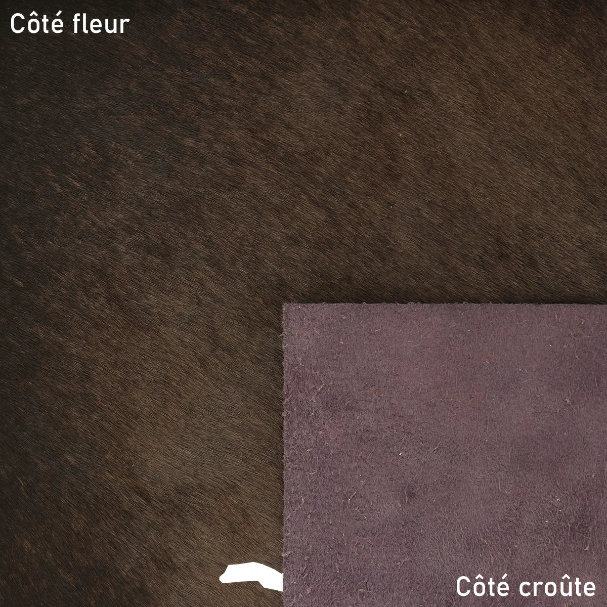 Cuir de veau à poils marron bringé, cuir 2ème choix à prix réduit, idéal pour la fabrication de petits projets, tests, prototypes...