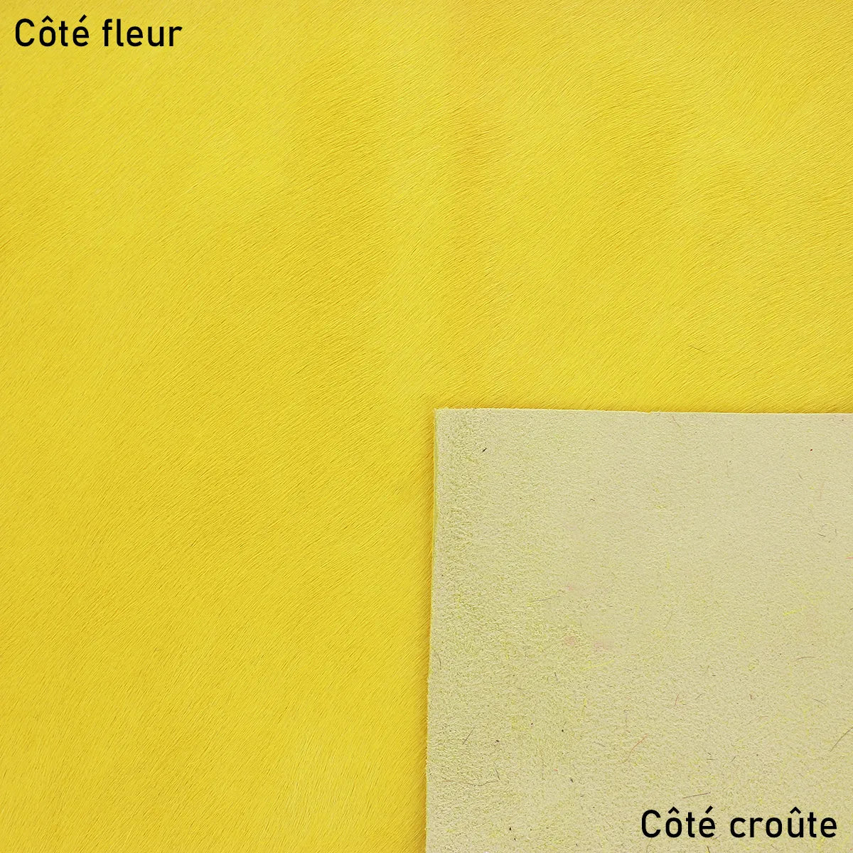 Cuir à poils couleur jaune moutarde, cuir pony hair. Cuir souple et doux idéal pour la fabrication d'objet décoratif, chaussure, rabat de sac...