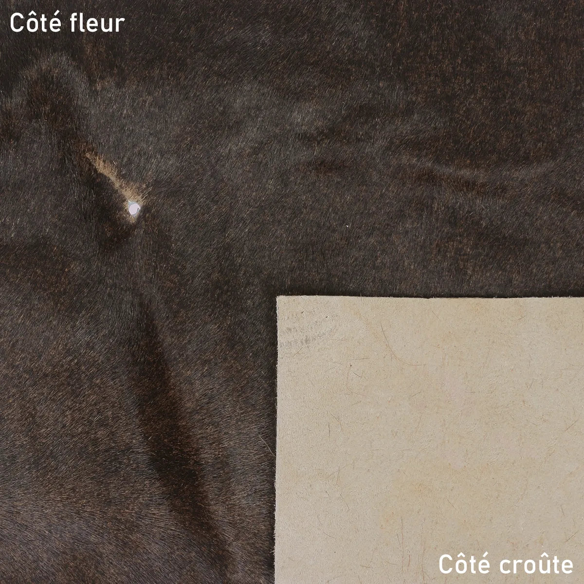 Cuir de veau à poils marron. Cuir de 2ème choix idéal pour la réalisation de test et prototypes...