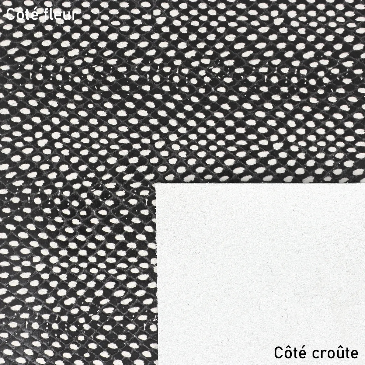 Cuir de veau noir et blanc imitation serpent. Cuir effet peau de vipère Aspic idéal pour la maroquinerie, porte-cartes, accessoire...