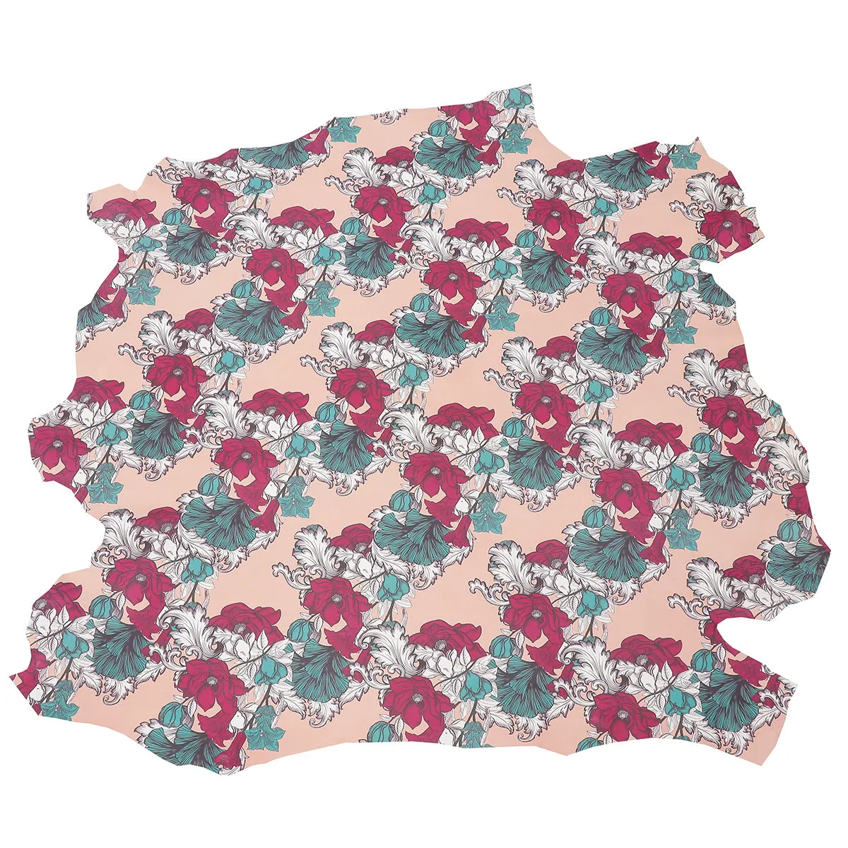 Peau entière en cuir d'agneau avec imprimé floral aux tons roses, bleus et blancs