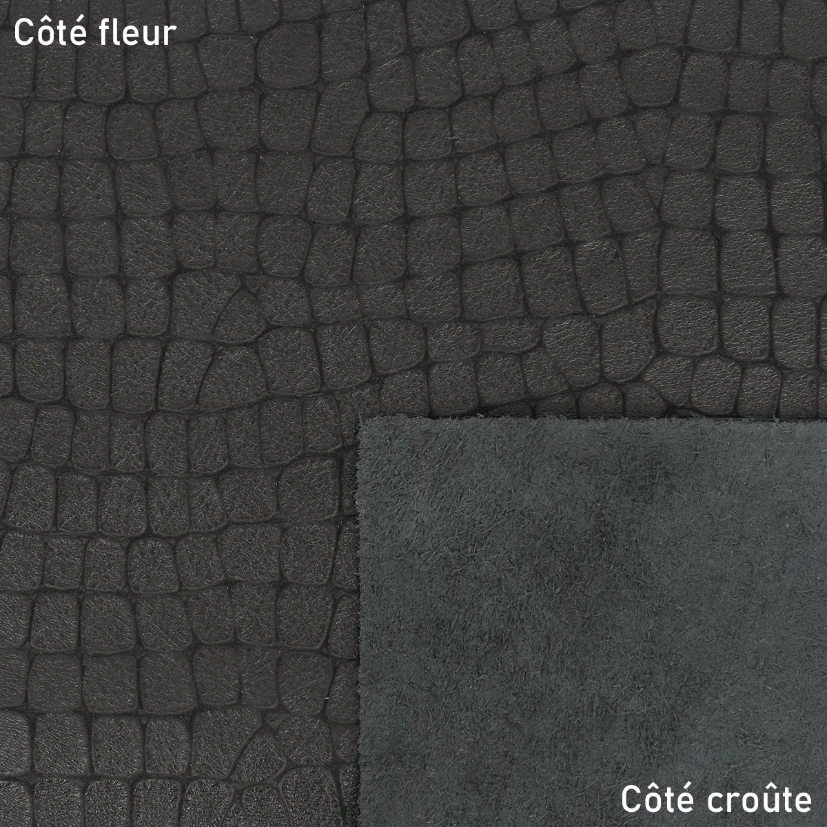 Cuir noir imprimé écailles de crocodile. Cuir fantaisie, original et souple idéal pour donner vie à des créations uniques. 